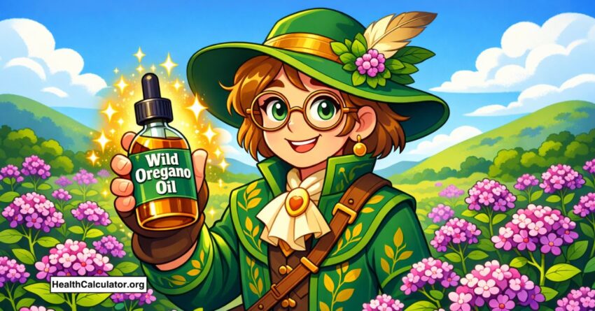 a woman standing in the oregano farm and holding a bottle of oil of wild oregano