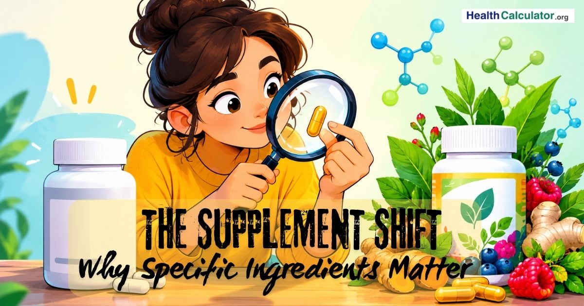 Dietary supplement comparison with a cartoon woman examining a capsule beside botanical ingredients