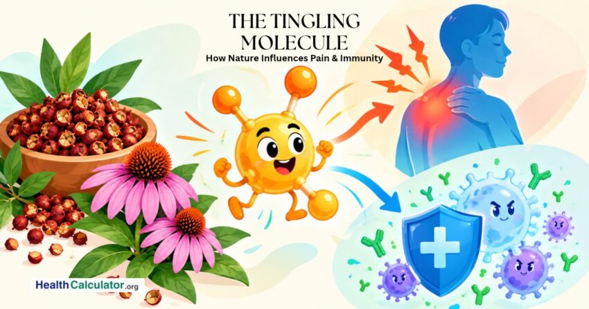 Colorful illustration of alkylamides in Sichuan pepper and echinacea, pain signaling, and immune response.